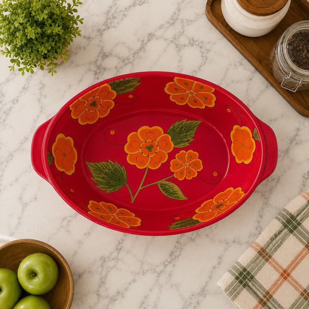 Temp-tations Poppy Passion 2.5 Qt Oval Baker Casserole Dish 13x9 Red Floral